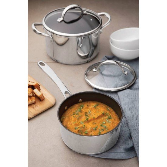 JOGO DE PANELAS SPEZIA EM ACO INOX FUNDO TRIPLO E ANTIADERENTE TAMPAS DE VIDRO 4 PECAS TRAMONTINA