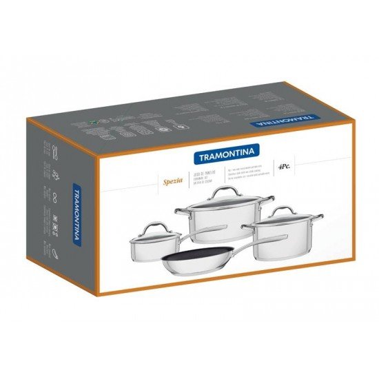 JOGO DE PANELAS SPEZIA EM ACO INOX FUNDO TRIPLO E ANTIADERENTE TAMPAS DE VIDRO 4 PECAS TRAMONTINA