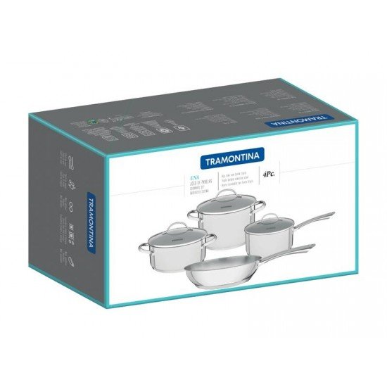 JOGO DE PANELAS UNA EM ACO INOX COM FUNDO TRIPLO E TAMPAS DE VIDRO 4 PECAS TRAMONTINA