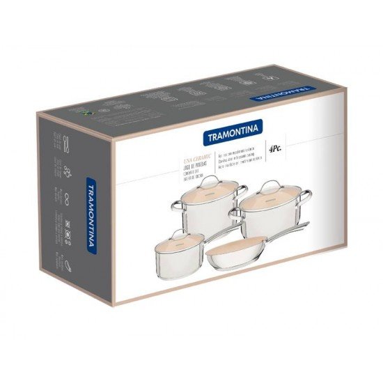 JOGO DE PANELAS TRAMONTINA UNA CERAMIC EM AÇO INOX COM FUNDO TRIPLO E REVESTIMENTO INTERNO CERÂMICO BEGE 4 PEÇAS