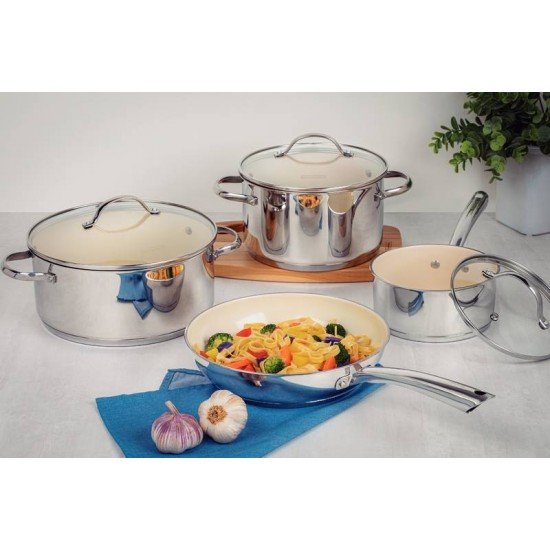 JOGO DE PANELAS TRAMONTINA UNA CERAMIC EM AÇO INOX COM FUNDO TRIPLO E REVESTIMENTO INTERNO CERÂMICO BEGE 4 PEÇAS