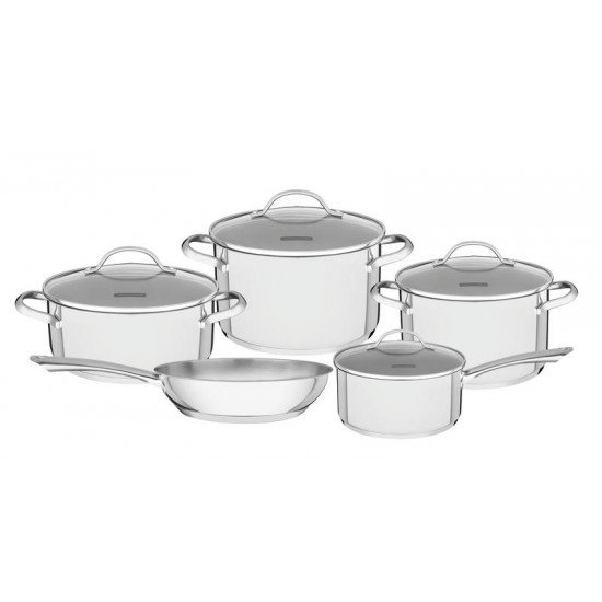 JOGO DE PANELAS UNA EM ACO INOX COM FUNDO TRIPLO E TAMPAS DE VIDRO 5 PECAS TRAMONTINA