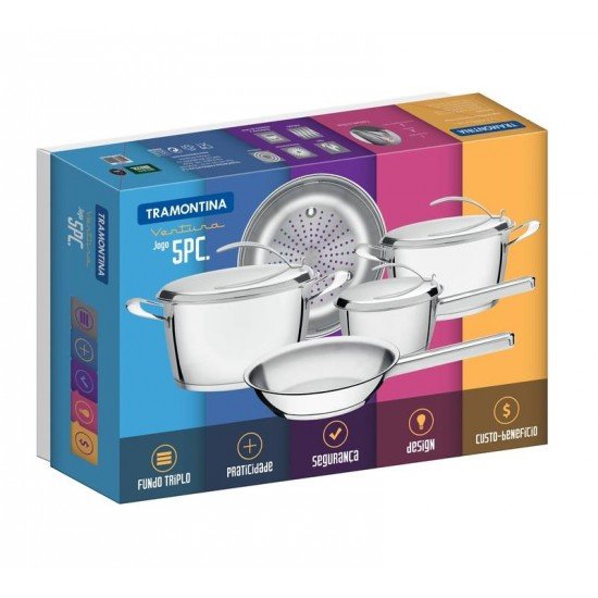 JOGO DE PANELAS VENTURA EM ACO INOX COM FUNDO TRIPLO E TAMPAS DE INOX 5 PECAS TRAMONTINA