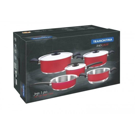 JOGO DE PANELAS DUO COLOR VERMELHO EM ACO INOX FUNDO TRIPLO 5 PECAS TRAMONTINA