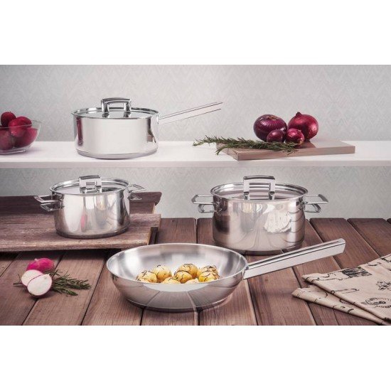 JOGO DE PANELAS BRAVA EM ACO INOX FUNDO TRIPLO COM TAMPA PLANA 4 PECAS TRAMONTINA