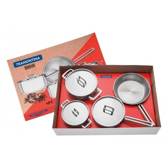 JOGO DE PANELAS BRAVA EM ACO INOX FUNDO TRIPLO COM TAMPA PLANA 4 PECAS TRAMONTINA