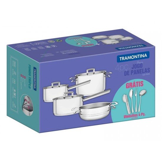 JOGO DE PANELAS BRAVA EM ACO INOX COM FUNDO TRIPLO 4 PECAS COM KIT DE UTENSILIOS 4 PECAS TRAMONTINA