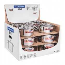 DISPLAY 16 PEÇAS DE PANELAS AÇO INOX BRAVA COM FUNDO TRIPLO TRAMONTINA