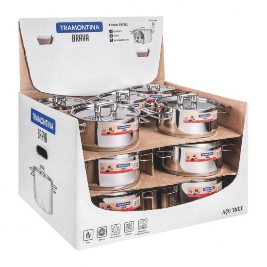 DISPLAY 16 PEÇAS DE PANELAS AÇO INOX BRAVA COM FUNDO TRIPLO TRAMONTINA
