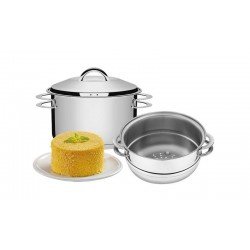 CUSCUZEIRA SOLAR EM ACO INOX FUNDO TRIPLO COM ALCAS 2 PECAS 16 CM TRAMONTINA