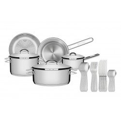 JOGO DE PANELAS SOLAR EM ACO INOX COM FUNDO TRIPLO 5 PECAS COM FAQUEIRO 24 PECAS LAGUNA TRAMONTINA