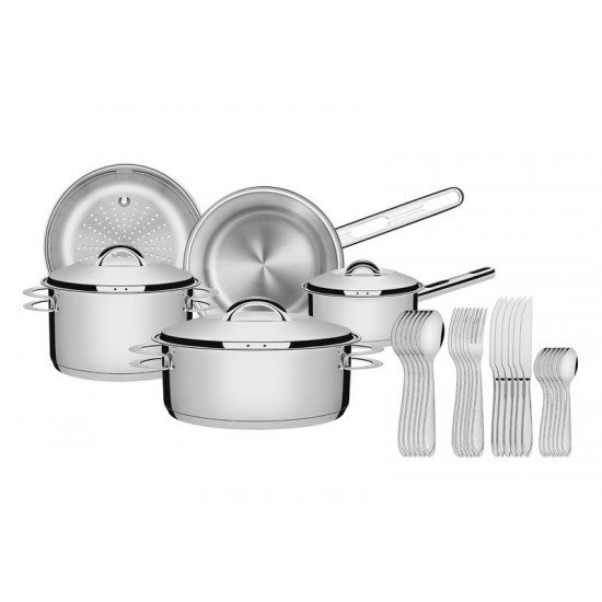 JOGO DE PANELAS SOLAR EM ACO INOX COM FUNDO TRIPLO 5 PECAS COM FAQUEIRO 24 PECAS LAGUNA TRAMONTINA