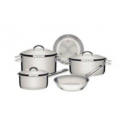 JOGO DE PANELAS TRAMONTINA SOLAR EM AÇO INOX COM FUNDO TRIPLO E TAMPAS DE INOX 5 PEÇAS