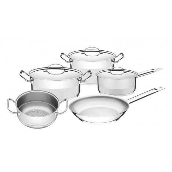 JOGO DE PANELAS TRAMONTINA PROFESSIONAL EM AÇO INOX FUNDO TRIPLO COM TAMPA PLANA DETALHE SATINADO 5 PEÇAS