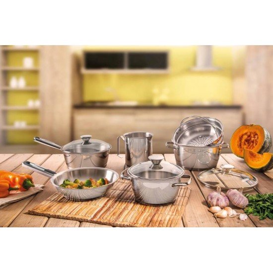 JOGO DE PANELAS ACO INOX COM FUNDO TRIPLO E TAMPA DE VIDRO 6 PC TRAMONTINA