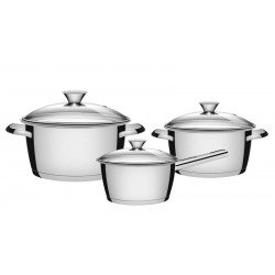 JOGO DE PANELAS ACO INOX COM FUNDO TRIPLO E TAMPA DE VIDRO 3 PC TRAMONTINA