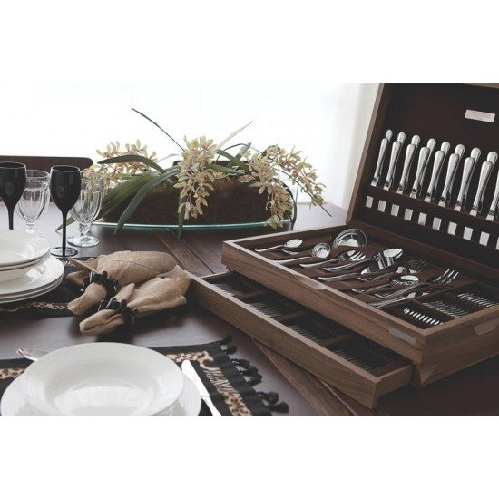 FAQUEIRO ORIENTE EM ACO INOX FACAS DE MESA ACABAMENTO FOSCO E ESTOJO DE MADEIRA 130 PECAS TRAMONTINA