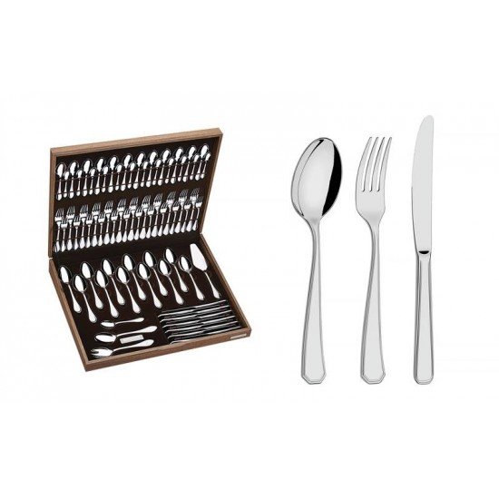 FAQUEIRO SONATA EM ACO INOX FACAS FORJADAS ACABAMENTO BRILHO E ESTOJO DE MADEIRA 76 PECAS TRAMONTINA