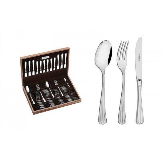 FAQUEIRO VIENA EM ACO INOX FACAS DE MESA DETALHE ALTO RELEVO E ESTOJO DE MADEIRA 42 PECAS TRAMONTINA