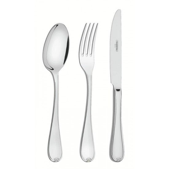 FAQUEIRO TRAMONTINA VICENZA EM AÇO INOX COM FACAS DE MESA FORJADAS SEM ESTOJO ACABAMENTO ALTO BRILHO COM DETALHES NO CABO SEM ESTOJO 101 PEÇAS