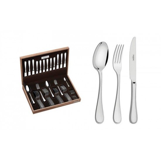 FAQUEIRO FIRENZE EM ACO INOX FACAS DE MESA ACABAMENTO BRILHO E ESTOJO DE MADEIRA 42 PECAS TRAMONTINA