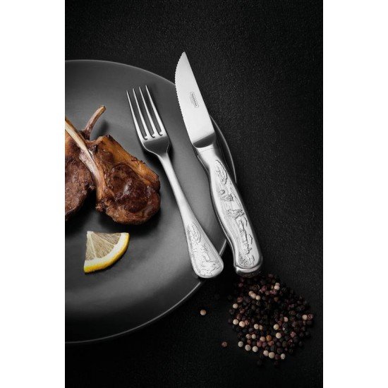 JOGO PARA CHURRASCO CLASSIC EM ACO INOX ESTOJO CABO DESENHOS EM ALTO RELEVO 4 PECAS TRAMONTINA