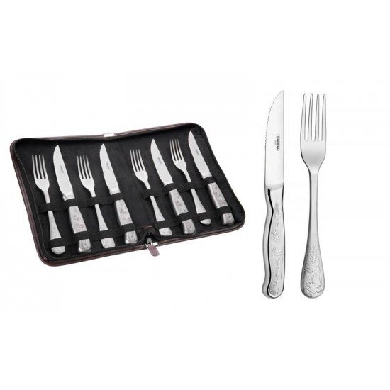 JOGO PARA CHURRASCO CLASSIC EM ACO INOX ESTOJO CABO DESENHOS EM ALTO RELEVO 8 PECAS TRAMONTINA