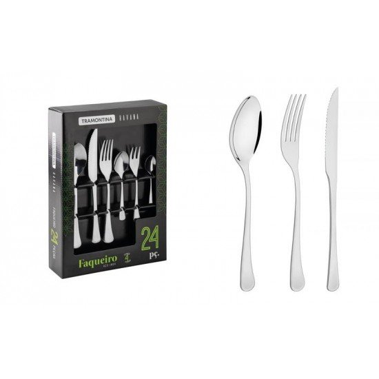 FAQUEIRO HAVANA EM ACO INOX COM FACAS DE MESA ACABAMENTO EM BRILHO 24 PECAS TRAMONTINA