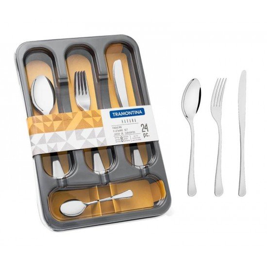 FAQUEIRO HAVANA EM ACO INOX COM FACAS DE MESA ACABAMENTO EM BRILHO E GAVETEIRO 24 PECAS TRAMONTINA