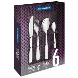 FAQUEIRO LAGUNA EM ACO INOX FACAS DE MESA ACABAMENTO EM BRILHO DETALHES NO CABO 24 PECAS TRAMONTINA