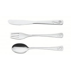 JOGO DE TALHERES INFANTIL TRAMONTINA BABY FRIENDS EM AÇO INOX ACABAMENTO BRILHO COM DESENHO EM ALTO RELEVO 3 PEÇAS