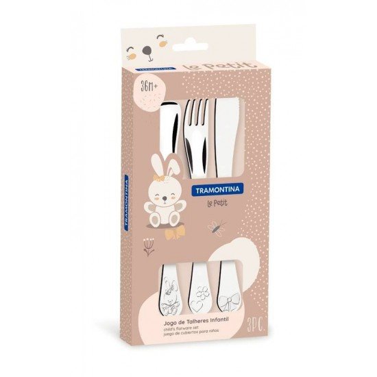 JOGO DE TALHERES INFANTIL TRAMONTINA LE PETIT EM AÇO INOX MENINAS ACABAMENTO BRILHO COM DESENHO EM ALTO RELEVO 3 PEÇAS