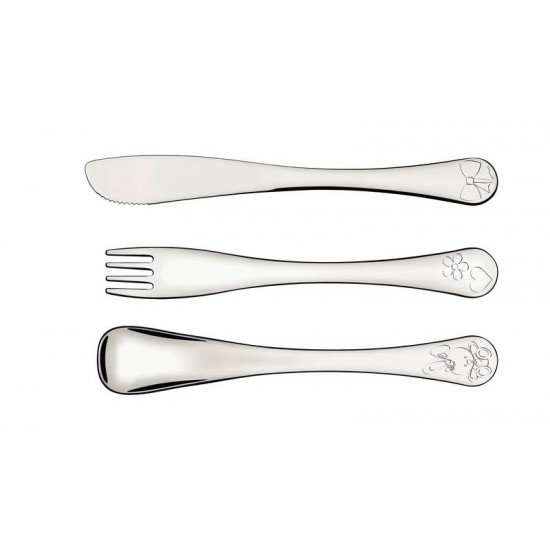 JOGO DE TALHERES INFANTIL TRAMONTINA LE PETIT EM AÇO INOX MENINAS ACABAMENTO BRILHO COM DESENHO EM ALTO RELEVO 3 PEÇAS