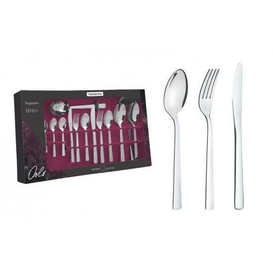FAQUEIRO OSLO EM ACO INOX COM FACAS DE MESA ACABAMENTO ALTO BRILHO 101 PECAS TRAMONTINA
