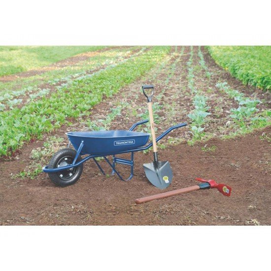 CARRINHO DE MAO BRACO METALICO CACAMBA METALICA REDONDA DE AZUL PNEU BORRACHA TRAMONTINA