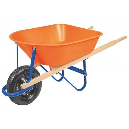 CARRINHO DE MAO BRACO DE MADEIRA CACAMBA PLASTICA FUNDA LARANJA PNEU EM BORRACHA TRAMONTINA