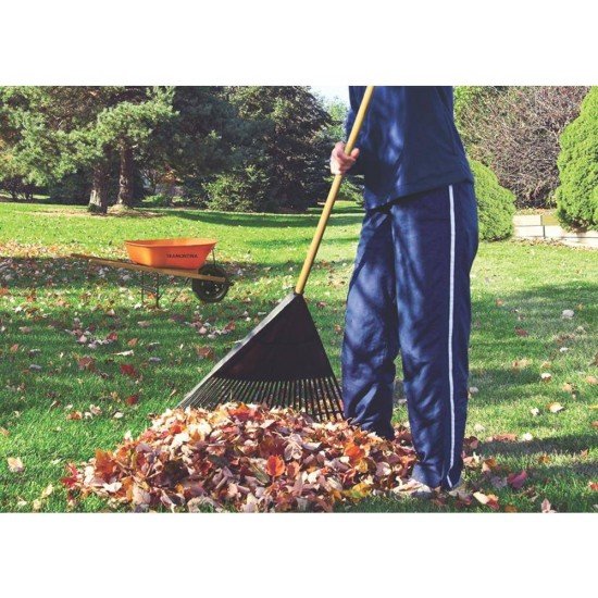 VASSOURA PLASTICA LARANJA 26 DENTES COM CABO DE MADEIRA DE 120 CM DESMONTADO PARA JARDIM TRAMONTINA