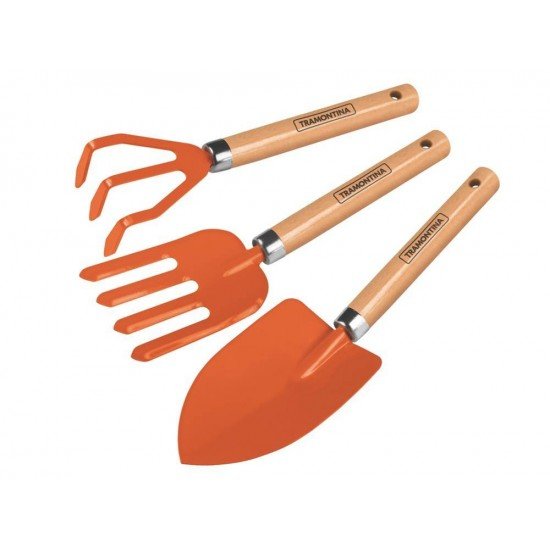 CONJUNTO PARA JARDIM 3 PECAS METALICAS CABO DE MADEIRA EMBALAGEM PLASTICA TRAMONTINA