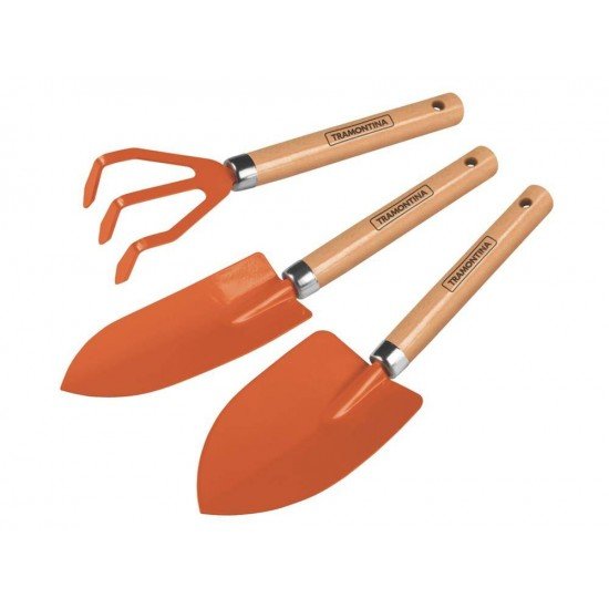 CONJUNTO PARA JARDIM 3 PECAS METALICAS CABO DE MADEIRA EMBALAGEM PLASTICA TRAMONTINA