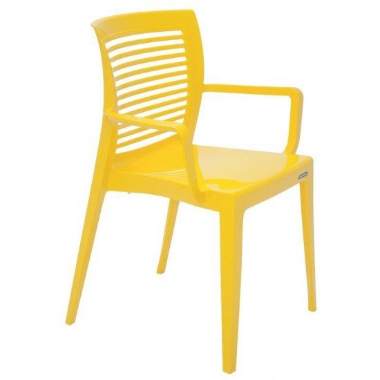 CADEIRA PLASTICA MONOBLOCO COM BRACOS VICTORIA AMARELA ENCOSTO VAZADO HORIZONTAL