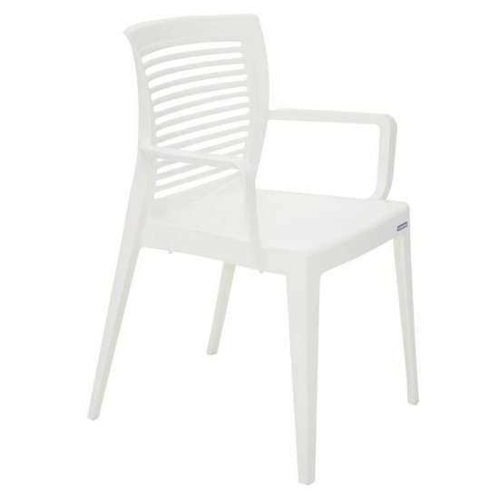 CADEIRA PLASTICA MONOBLOCO COM BRACOS VICTORIA BRANCA ENCOSTO VAZADO HORIZONTAL