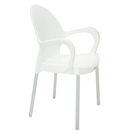 CADEIRA PLASTICA COM BRACOS GRACE BRANCA COM PERNAS DE ALUMINIO ANODIZADO