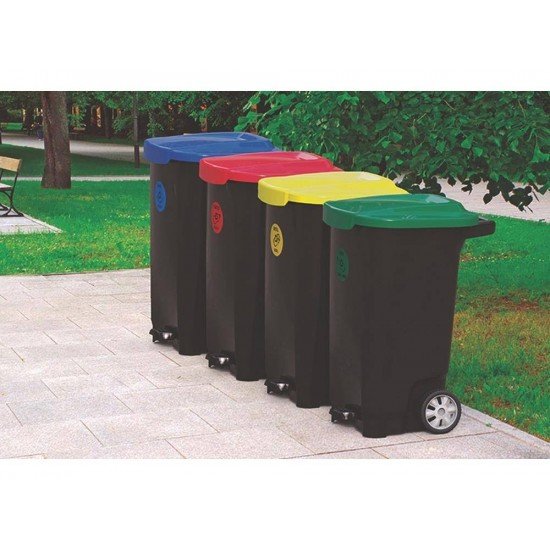 LIXEIRA EM PLASTICO T-FORCE PRETO E AMARELO 100 LITROS COM RODAS