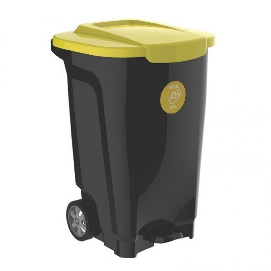 LIXEIRA EM PLASTICO T-FORCE PRETO E AMARELO 100 LITROS COM RODAS