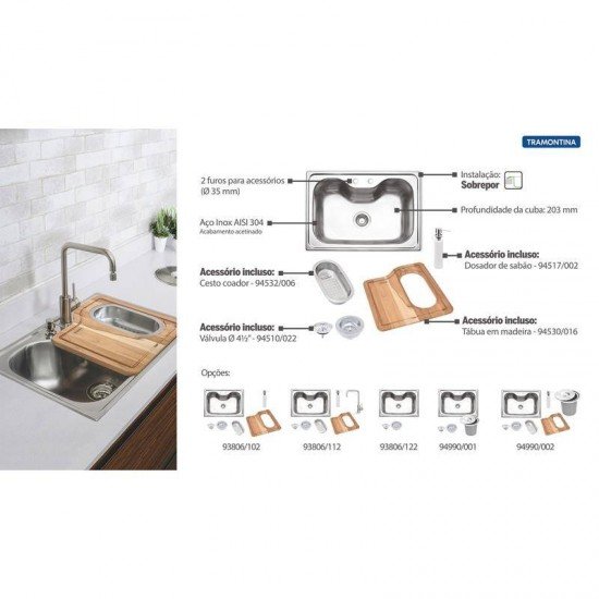 CUBA SOBREPOR TRAMONTINA ACO INOX ACETINADO 68X50CM VALVULA DOSADOR DE SABAO, TABUA E CESTO