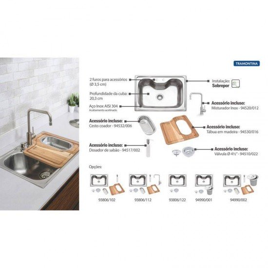 CUBA SOBREPOR INOX 69X49 MORGANA + TORNEIRA MISTURADORA INOX ANGOLARE + ACESSORIOS