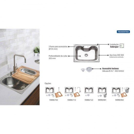 CUBA DE SOBREPOR TRAMONTINA EM ACO INOX COM ACABAMENTO ACETINADO 68X50CM COM VALVULA