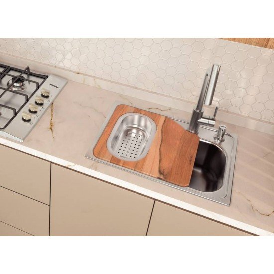 CUBA MORGANA COMPACT 48 FX EM AÇO INOX + VÁLVULA, TÁBUA DE MADEIRA, CESTO COADOR E DOSADOR DE SABÃO TRAMONTINA