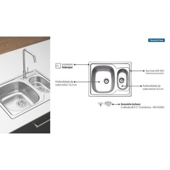 CUBA SOBREP ACO INOX BA 62X50 1,5C SF PERF