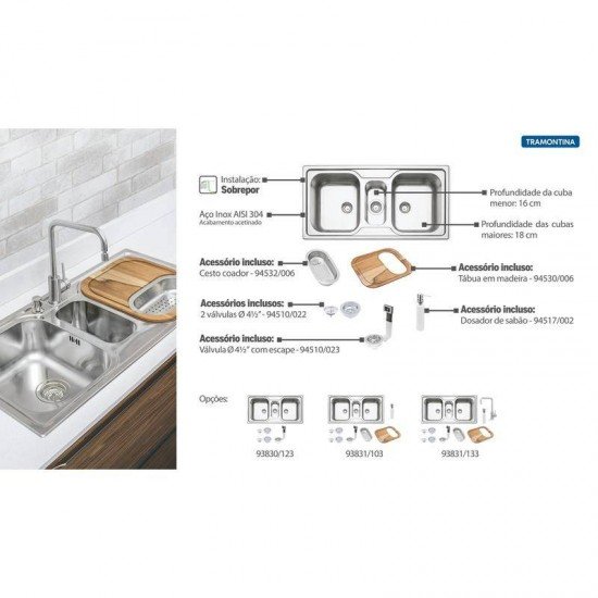 CUBA SOBREPOR ACO INOX TRAMONTINA 100X50 2C1/2 2F. COM ACESSORIOS.